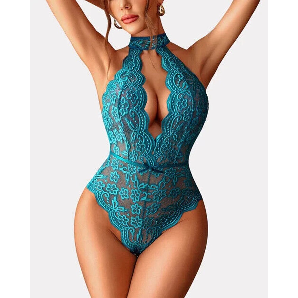 Avidlove Snap Crotch Teddy Deep V Lace Bodysuit One Piece Size Med Teal Blue